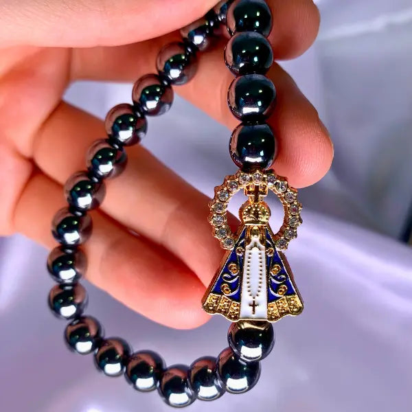 Pulseira de Hematita com Entremeio de Nossa Senhora Aparecida